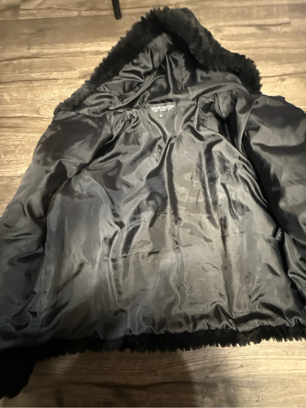 Steve Madden Black Faux Fur Hooded Jacket XL Plush Teddy Zip Winter Coat - Picture 8 of 11
